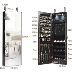 Schmuckschrank mit LED Beleuchtung mit Spiegel abschließbar Schlüsseln Schmuckaufbewahrung Dunkelbraun