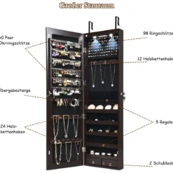 Schmuckschrank mit LED Beleuchtung mit Spiegel abschließbar Schlüsseln Schmuckaufbewahrung Dunkelbraun