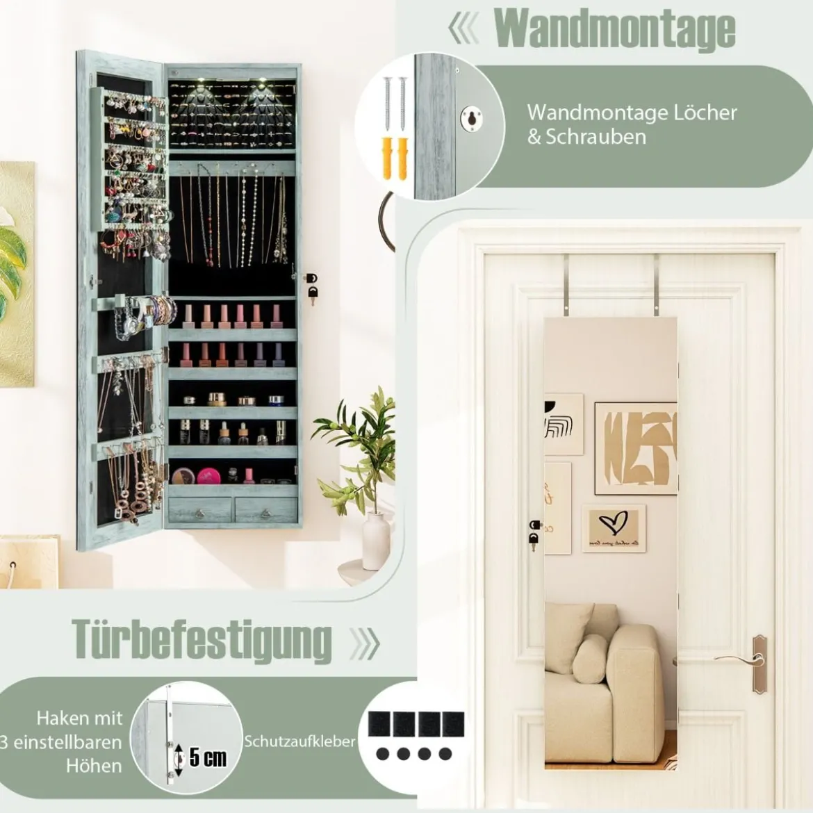 Schmuckschrank mit LED Beleuchtung Schmuckregal mit Spiegel Abschließbarer Spiegelschrank