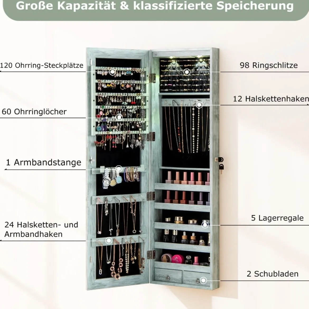 Schmuckschrank mit LED Beleuchtung Schmuckregal mit Spiegel Abschließbarer Spiegelschrank