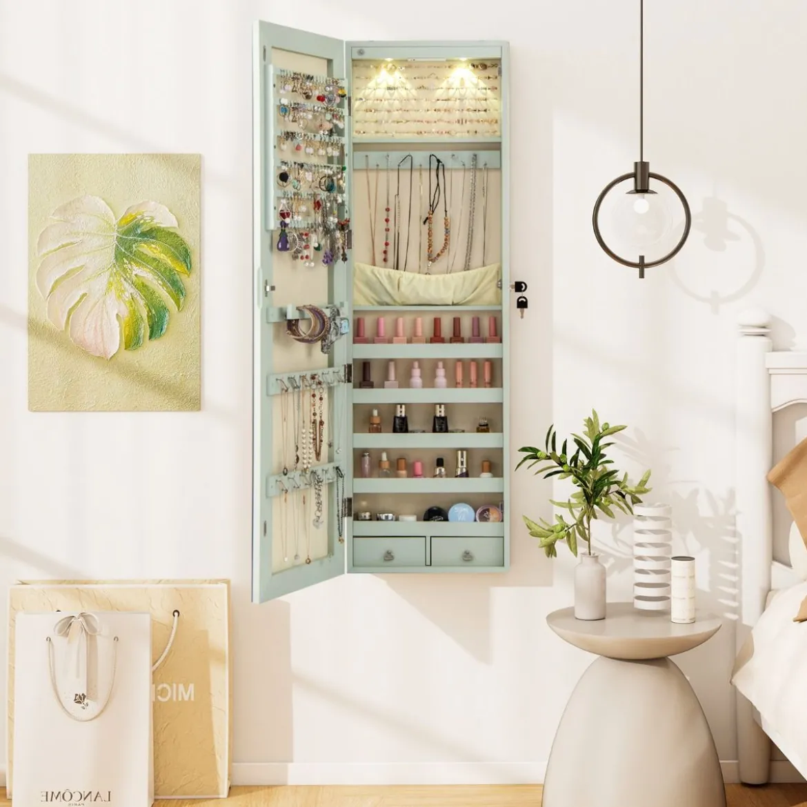 Schmuckschrank mit LED Beleuchtung Schmuckregal mit Spiegel Abschließbarer Spiegelschrank