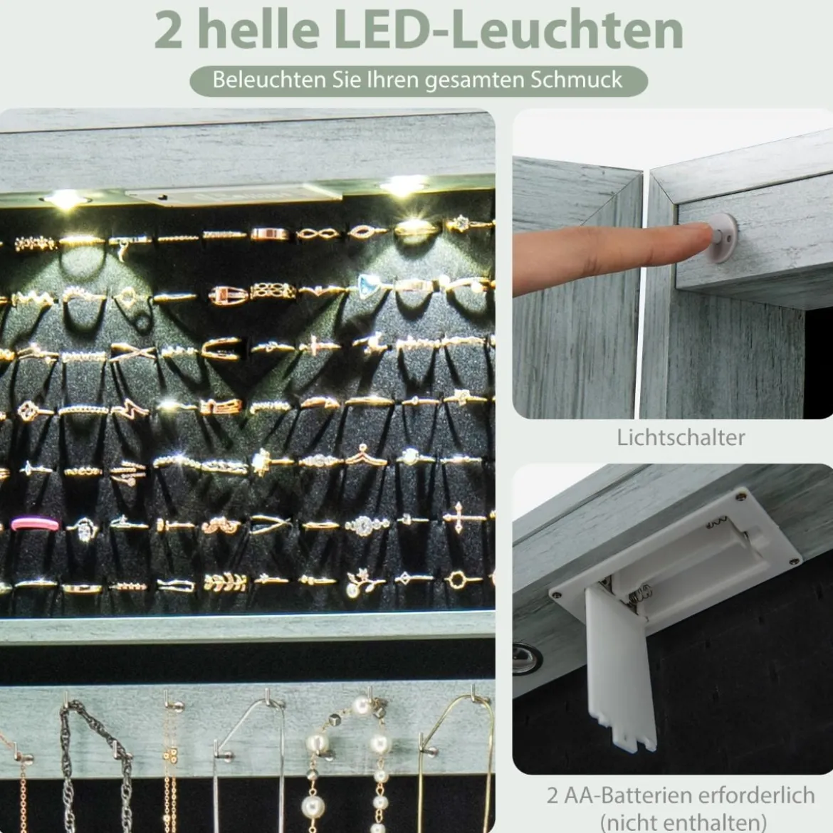 Schmuckschrank mit LED Beleuchtung Schmuckregal mit Spiegel Abschließbarer Spiegelschrank