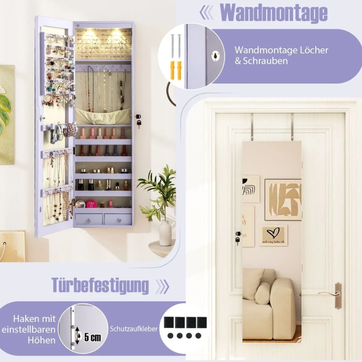 Schmuckschrank mit LED Beleuchtung Schmuckregal mit Spiegel Abschließbarer Spiegelschrank