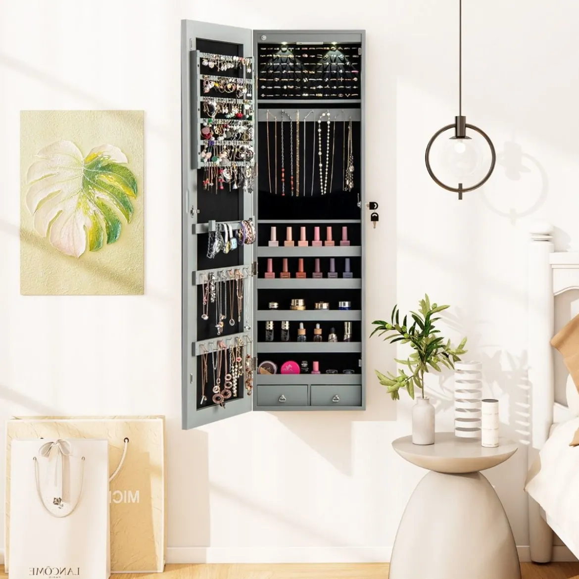 Schmuckschrank mit LED Beleuchtung Schmuckregal mit Spiegel Abschließbarer Spiegelschrank