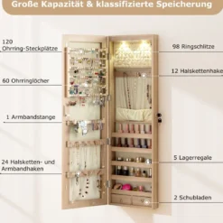 Schmuckschrank mit LED Beleuchtung Schmuckregal mit Spiegel Abschließbarer Spiegelschrank