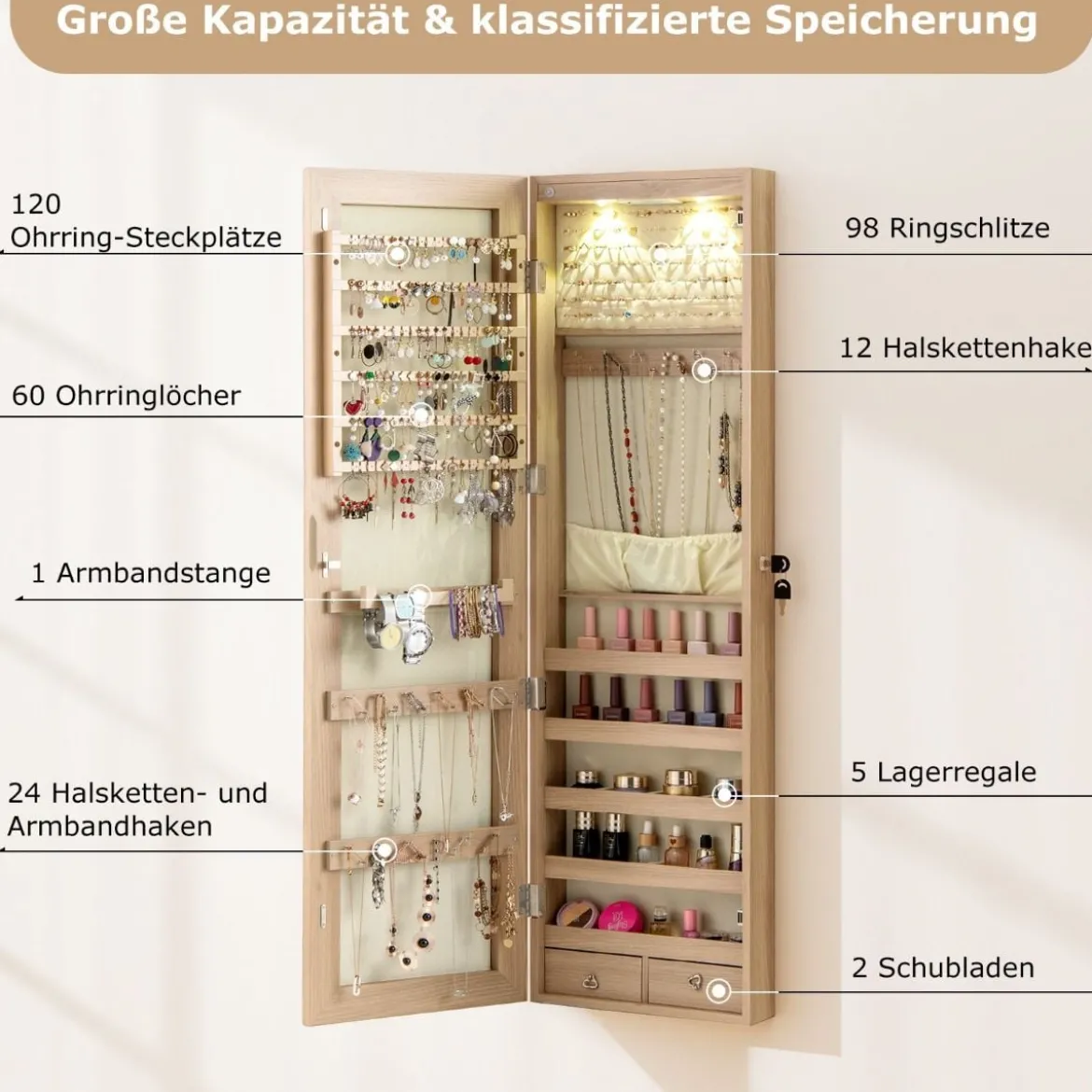Schmuckschrank mit LED Beleuchtung Schmuckregal mit Spiegel Abschließbarer Spiegelschrank