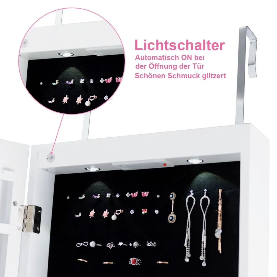 Schmuckschrank mit LED Beleuchtung Schmuckregal mit Spiegel Abschließbarer Spiegelschrank