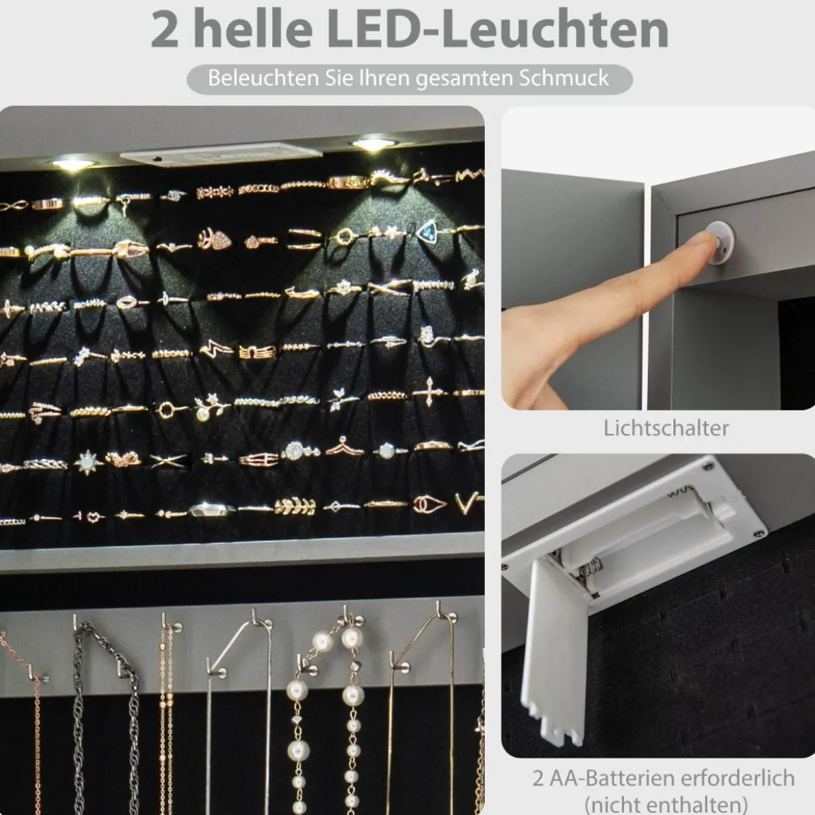 Schmuckschrank mit LED Beleuchtung Schmuckregal mit Spiegel Abschließbarer Spiegelschrank