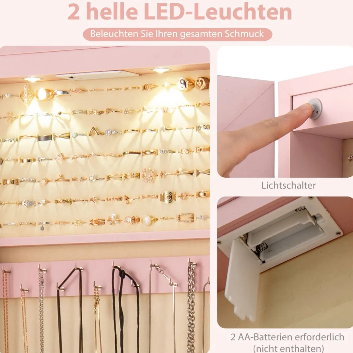 Schmuckschrank mit LED Beleuchtung Schmuckregal mit Spiegel Abschließbarer Spiegelschrank