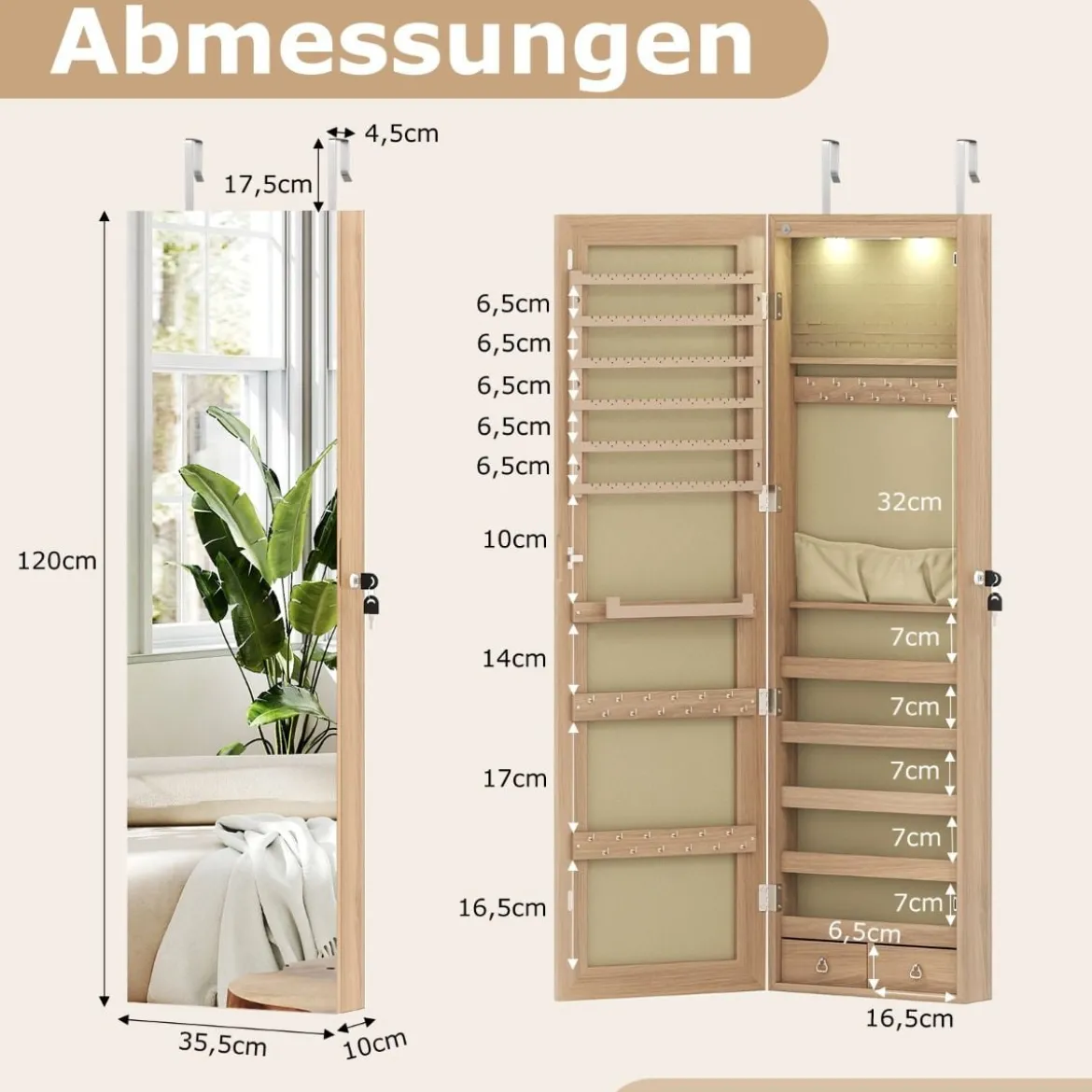 Schmuckschrank mit LED Beleuchtung Schmuckregal mit Spiegel Abschließbarer Spiegelschrank