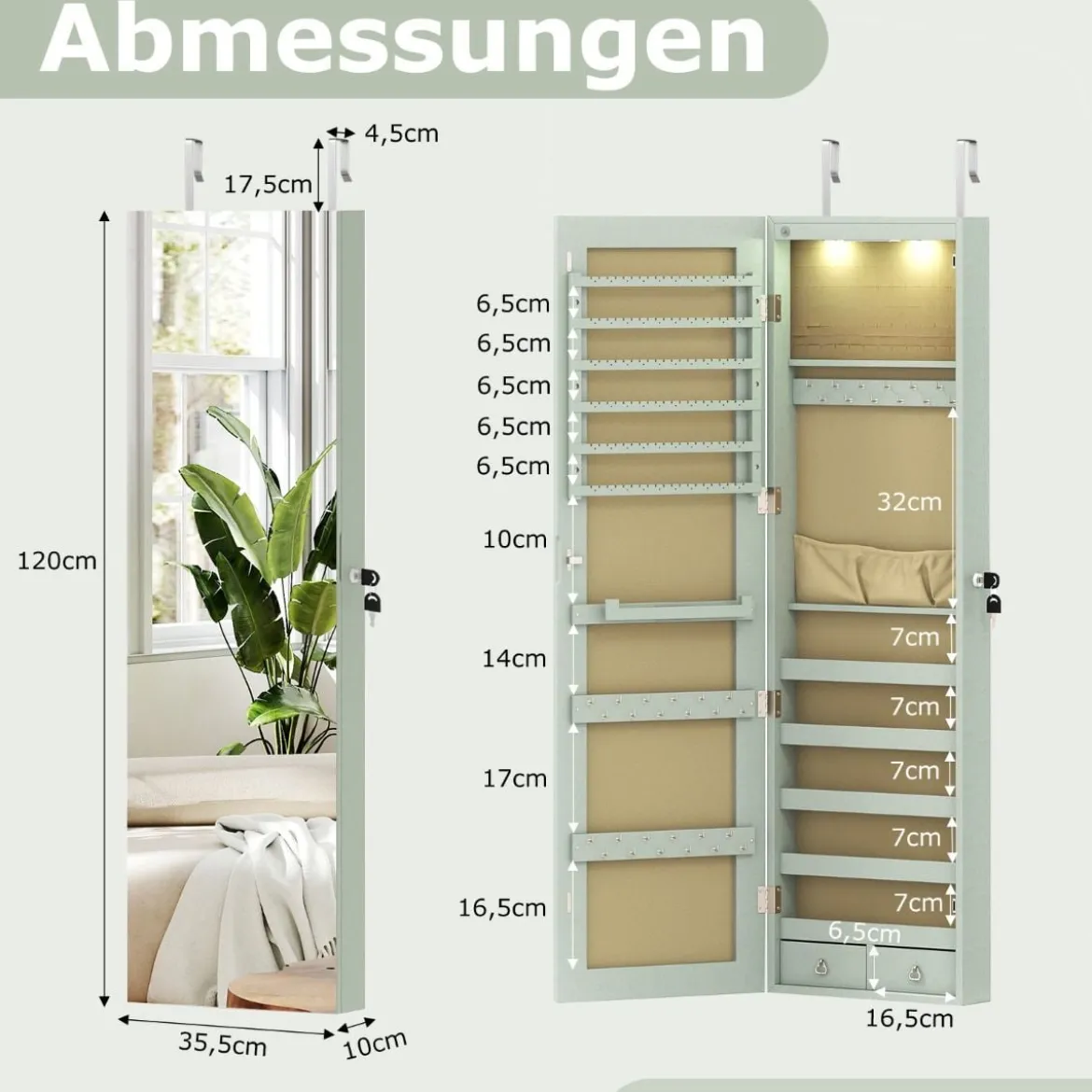 Schmuckschrank mit LED Beleuchtung Schmuckregal mit Spiegel Abschließbarer Spiegelschrank