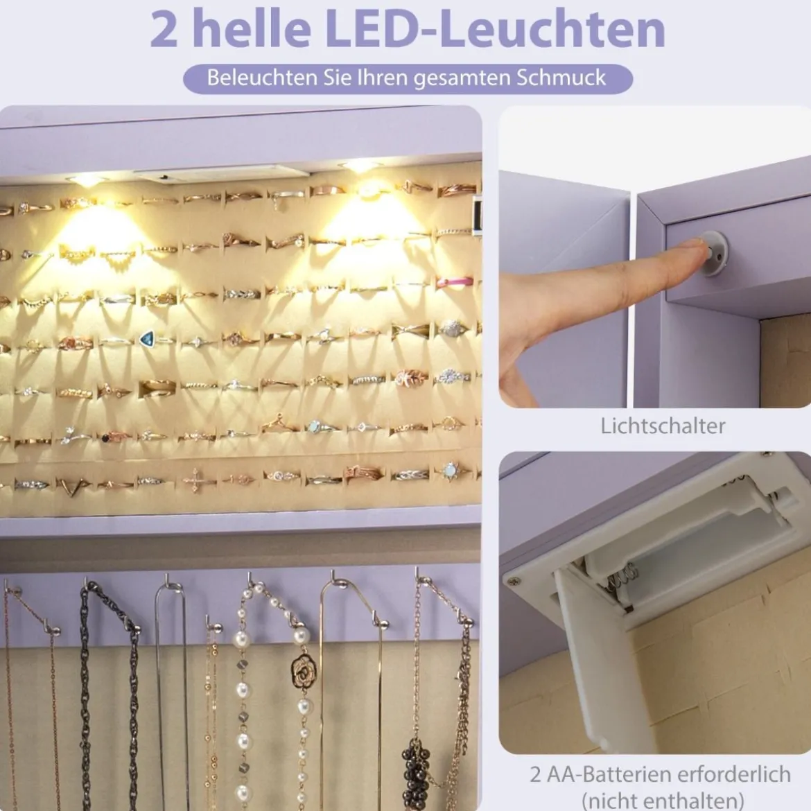 Schmuckschrank mit LED Beleuchtung Schmuckregal mit Spiegel Abschließbarer Spiegelschrank