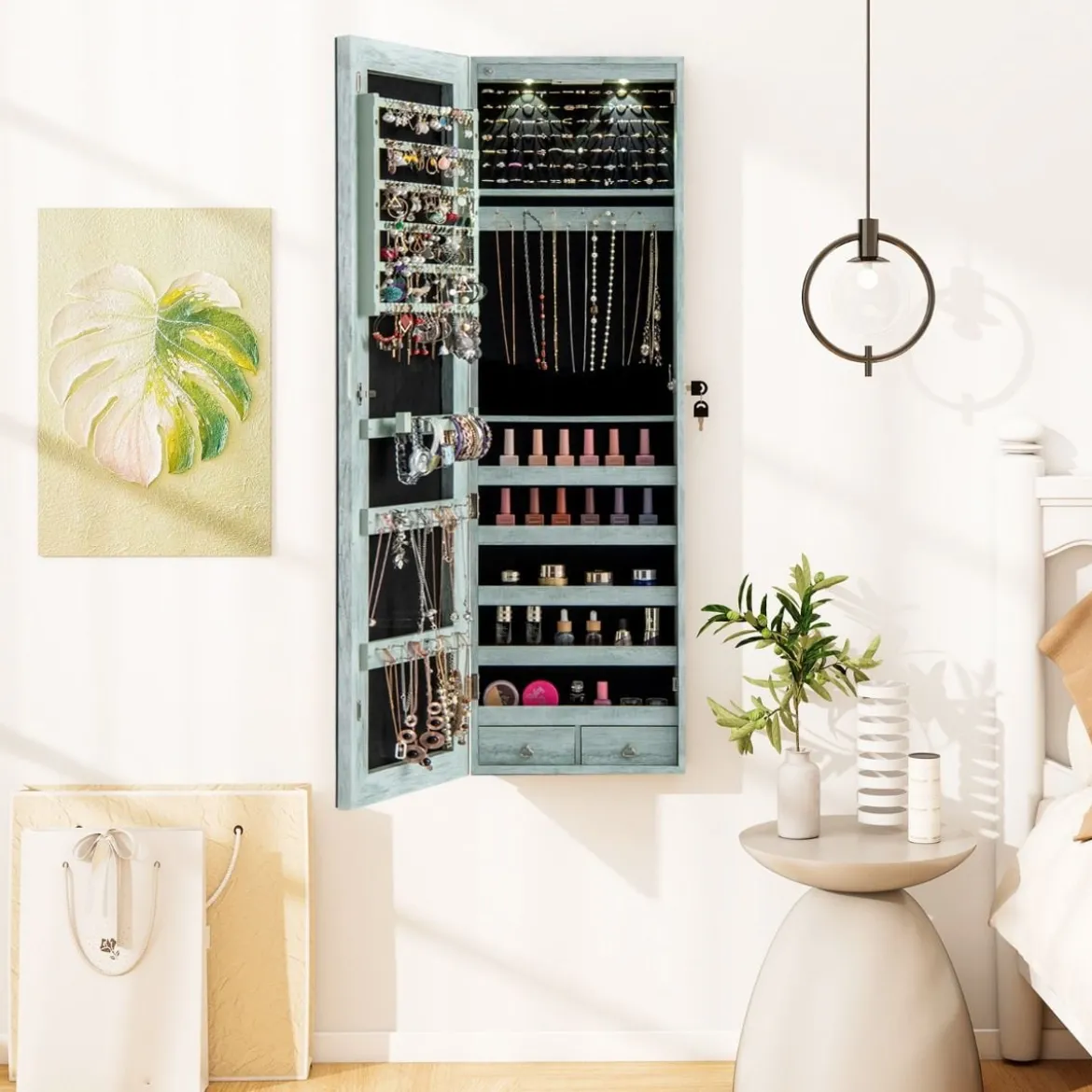 Schmuckschrank mit LED Beleuchtung Schmuckregal mit Spiegel Abschließbarer Spiegelschrank