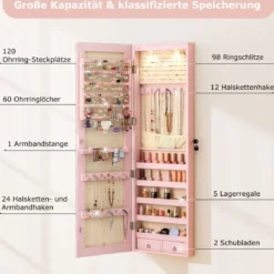 Schmuckschrank mit LED Beleuchtung Schmuckregal mit Spiegel Abschließbarer Spiegelschrank