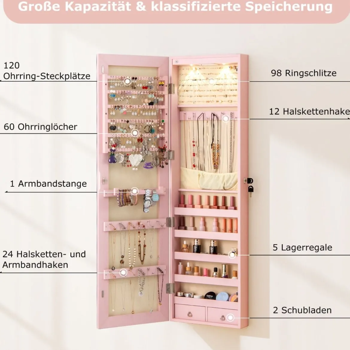Schmuckschrank mit LED Beleuchtung Schmuckregal mit Spiegel Abschließbarer Spiegelschrank