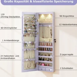 Schmuckschrank mit LED Beleuchtung Schmuckregal mit Spiegel Abschließbarer Spiegelschrank