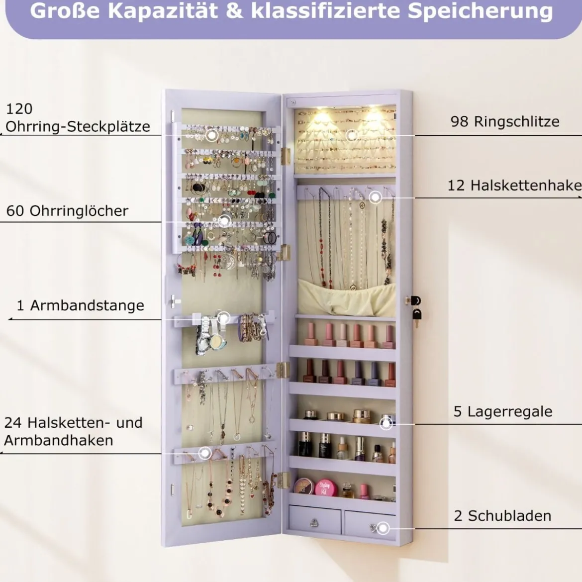 Schmuckschrank mit LED Beleuchtung Schmuckregal mit Spiegel Abschließbarer Spiegelschrank