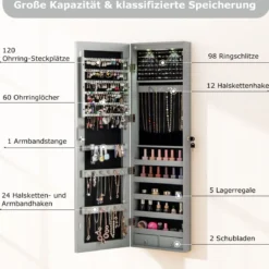 Schmuckschrank mit LED Beleuchtung Schmuckregal mit Spiegel Abschließbarer Spiegelschrank