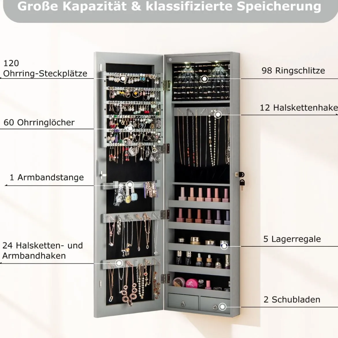 Schmuckschrank mit LED Beleuchtung Schmuckregal mit Spiegel Abschließbarer Spiegelschrank