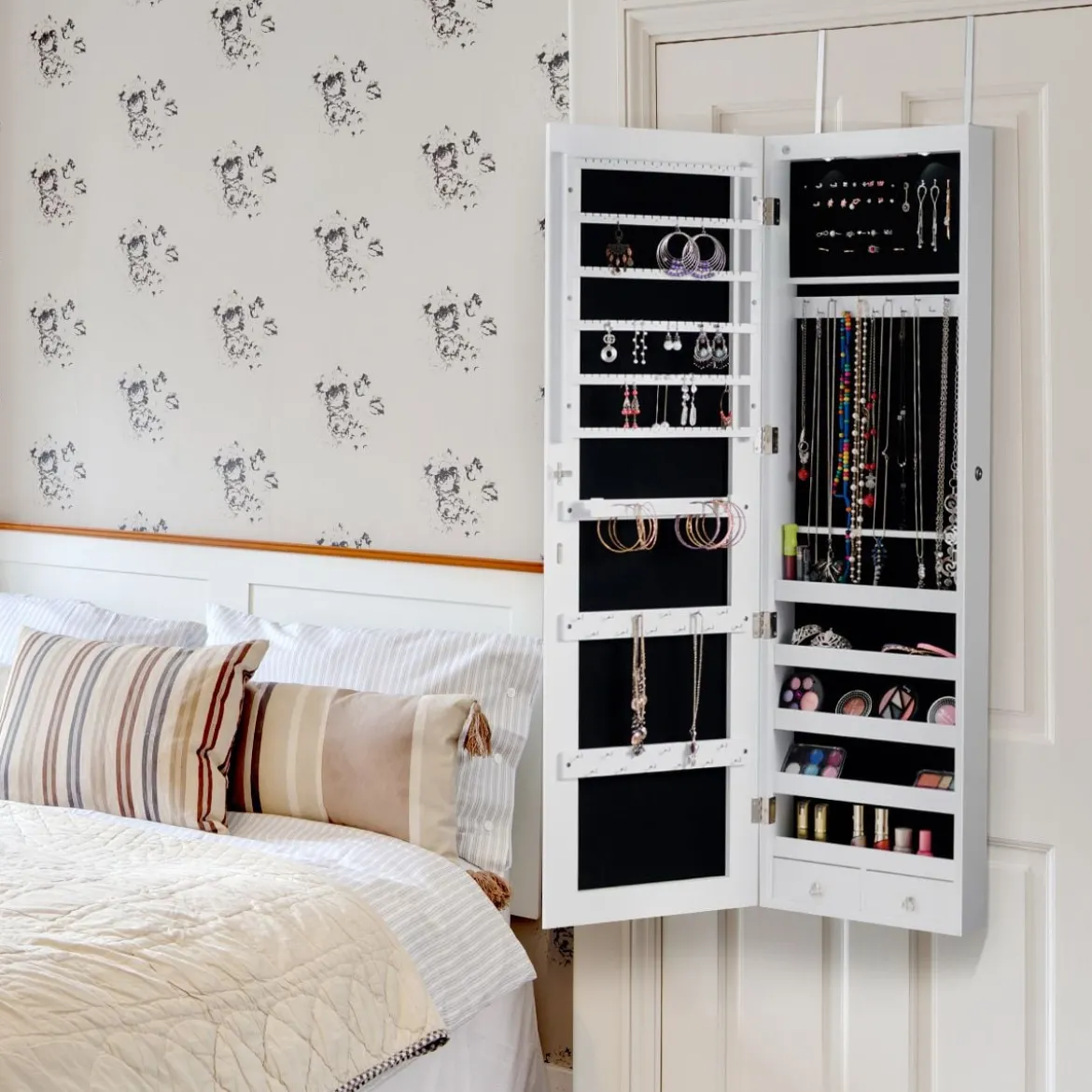 Schmuckschrank mit LED Beleuchtung Schmuckregal mit Spiegel Abschließbarer Spiegelschrank