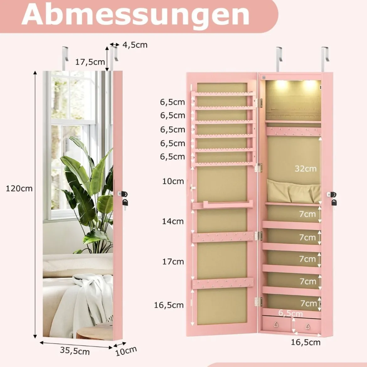 Schmuckschrank mit LED Beleuchtung Schmuckregal mit Spiegel Abschließbarer Spiegelschrank