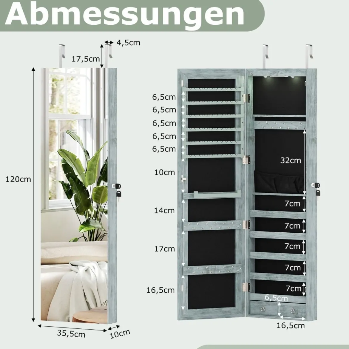 Schmuckschrank mit LED Beleuchtung Schmuckregal mit Spiegel Abschließbarer Spiegelschrank