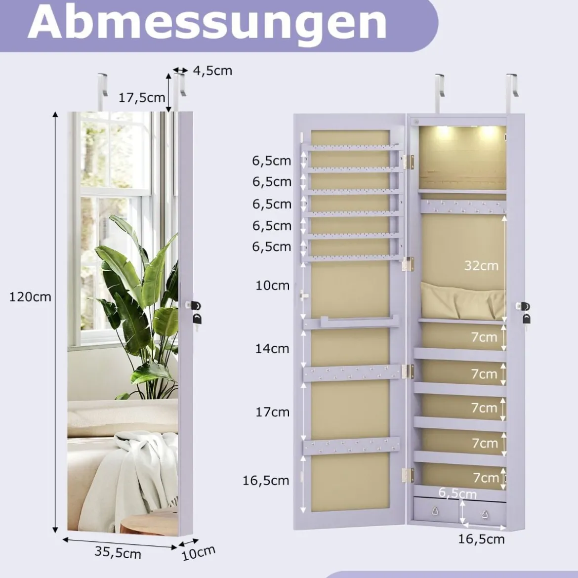 Schmuckschrank mit LED Beleuchtung Schmuckregal mit Spiegel Abschließbarer Spiegelschrank