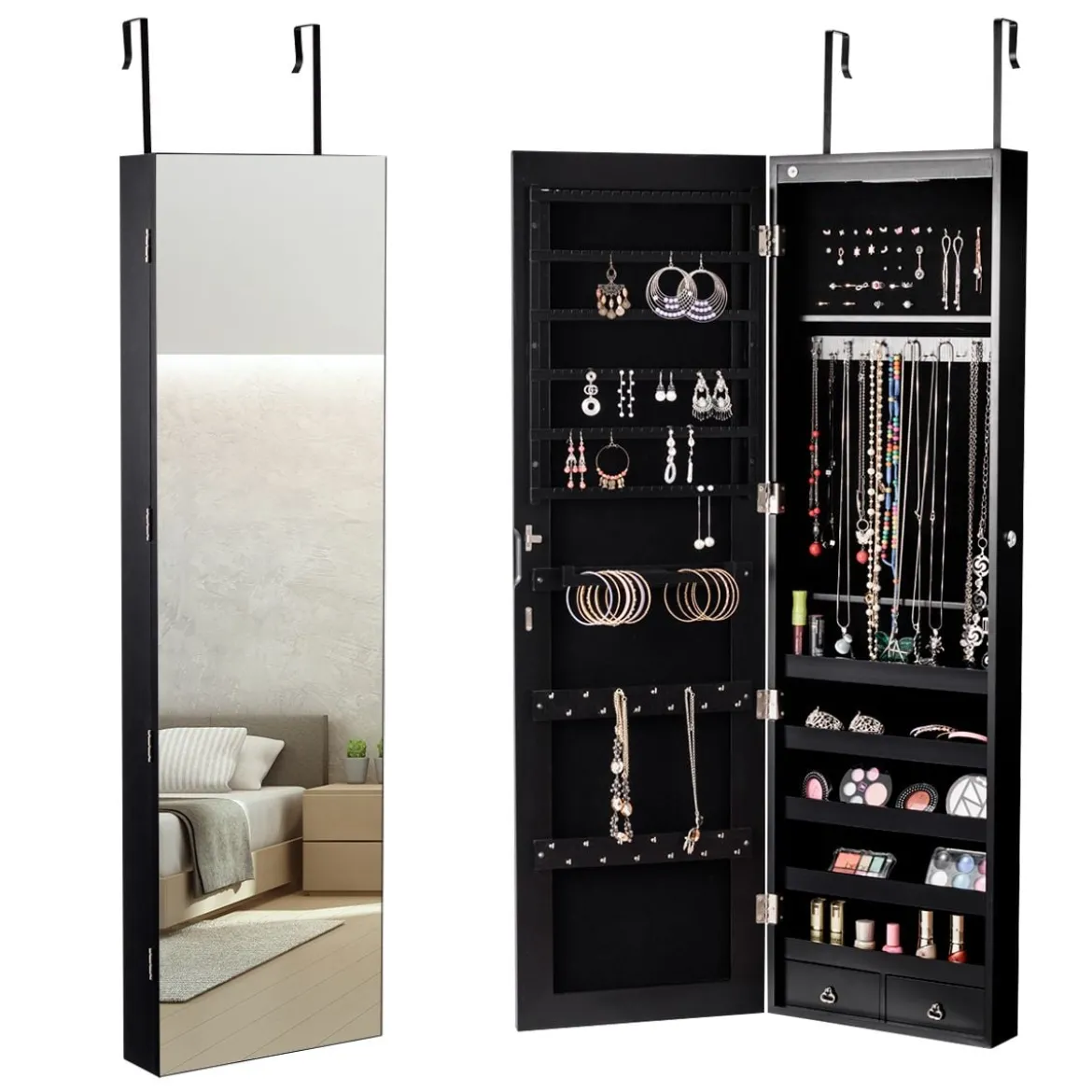Schmuckschrank mit LED Beleuchtung Schmuckregal mit Spiegel Abschließbarer Spiegelschrank