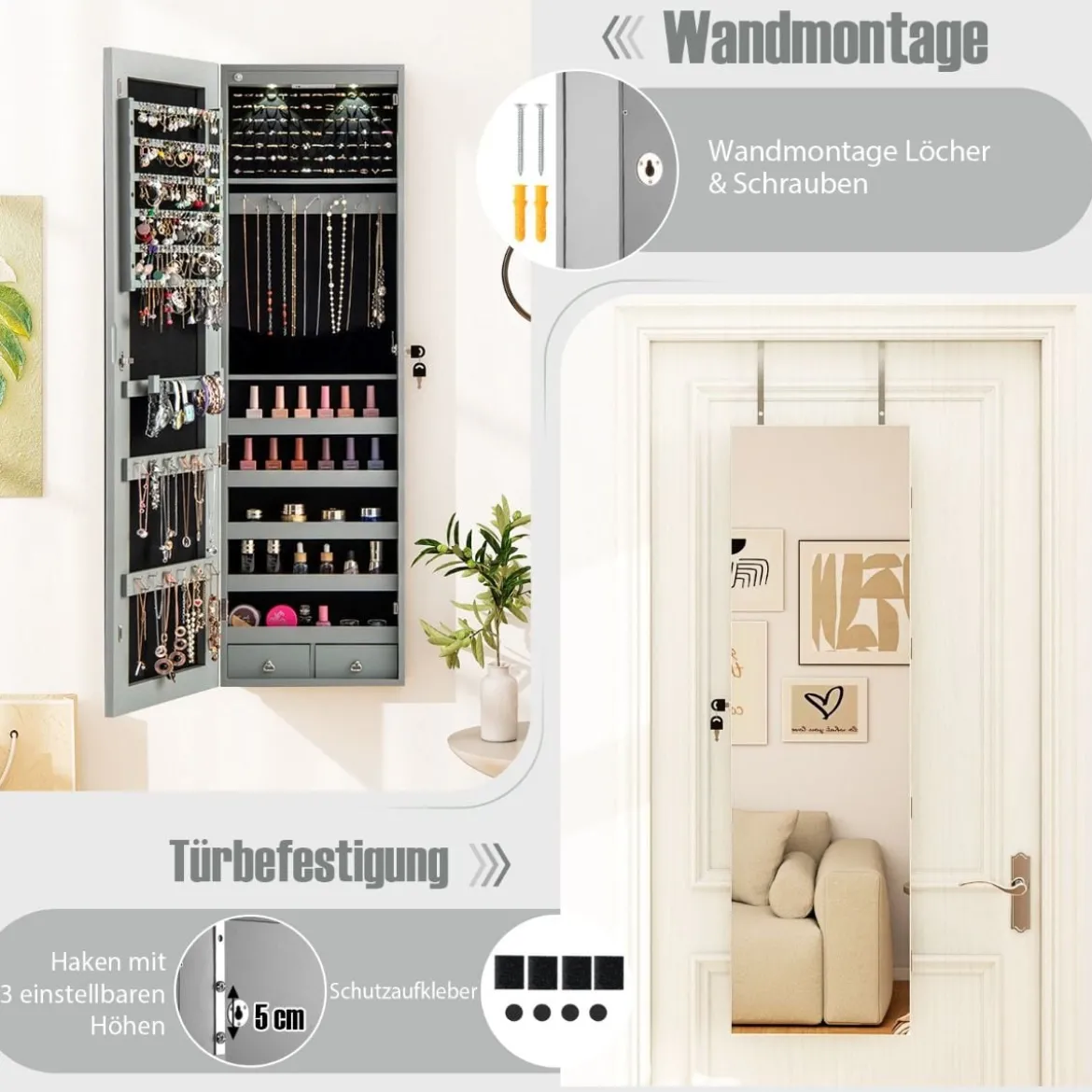 Schmuckschrank mit LED Beleuchtung Schmuckregal mit Spiegel Abschließbarer Spiegelschrank