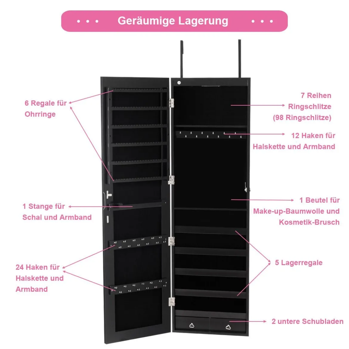 Schmuckschrank mit LED Beleuchtung Schmuckregal mit Spiegel Abschließbarer Spiegelschrank