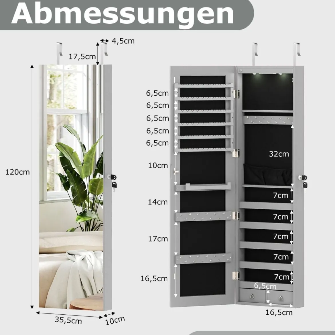 Schmuckschrank mit LED Beleuchtung Schmuckregal mit Spiegel Abschließbarer Spiegelschrank