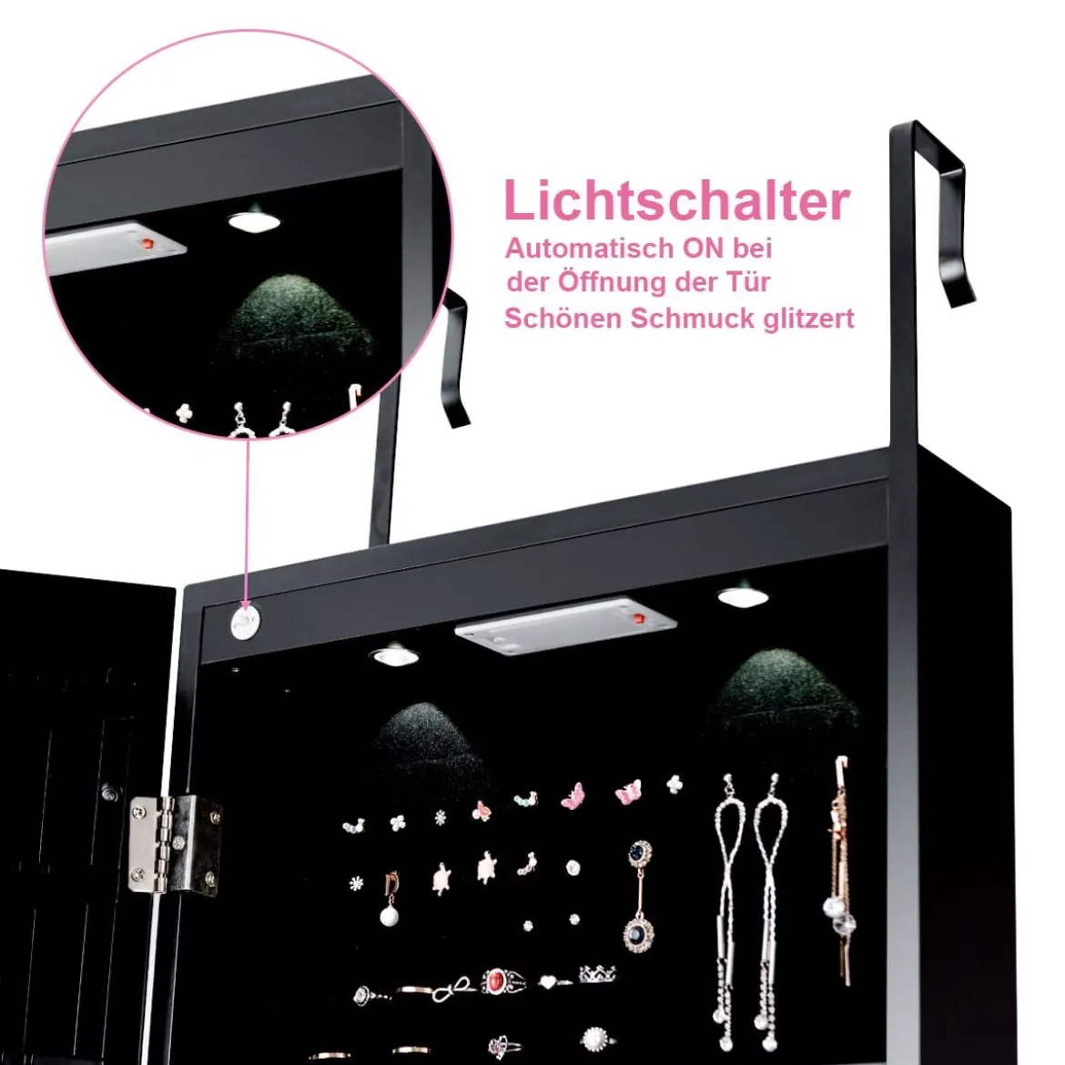 Schmuckschrank mit LED Beleuchtung Schmuckregal mit Spiegel Abschließbarer Spiegelschrank