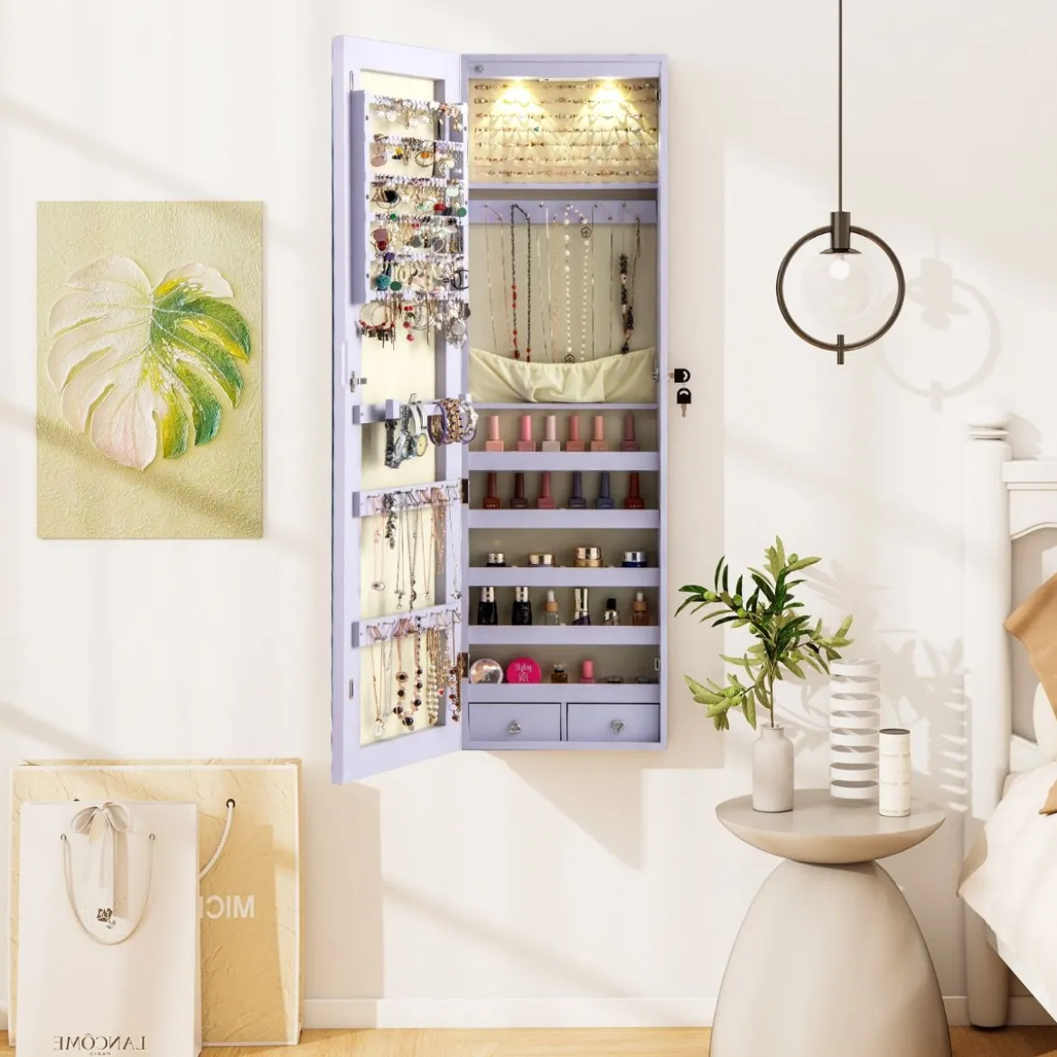 Schmuckschrank mit LED Beleuchtung Schmuckregal mit Spiegel Abschließbarer Spiegelschrank
