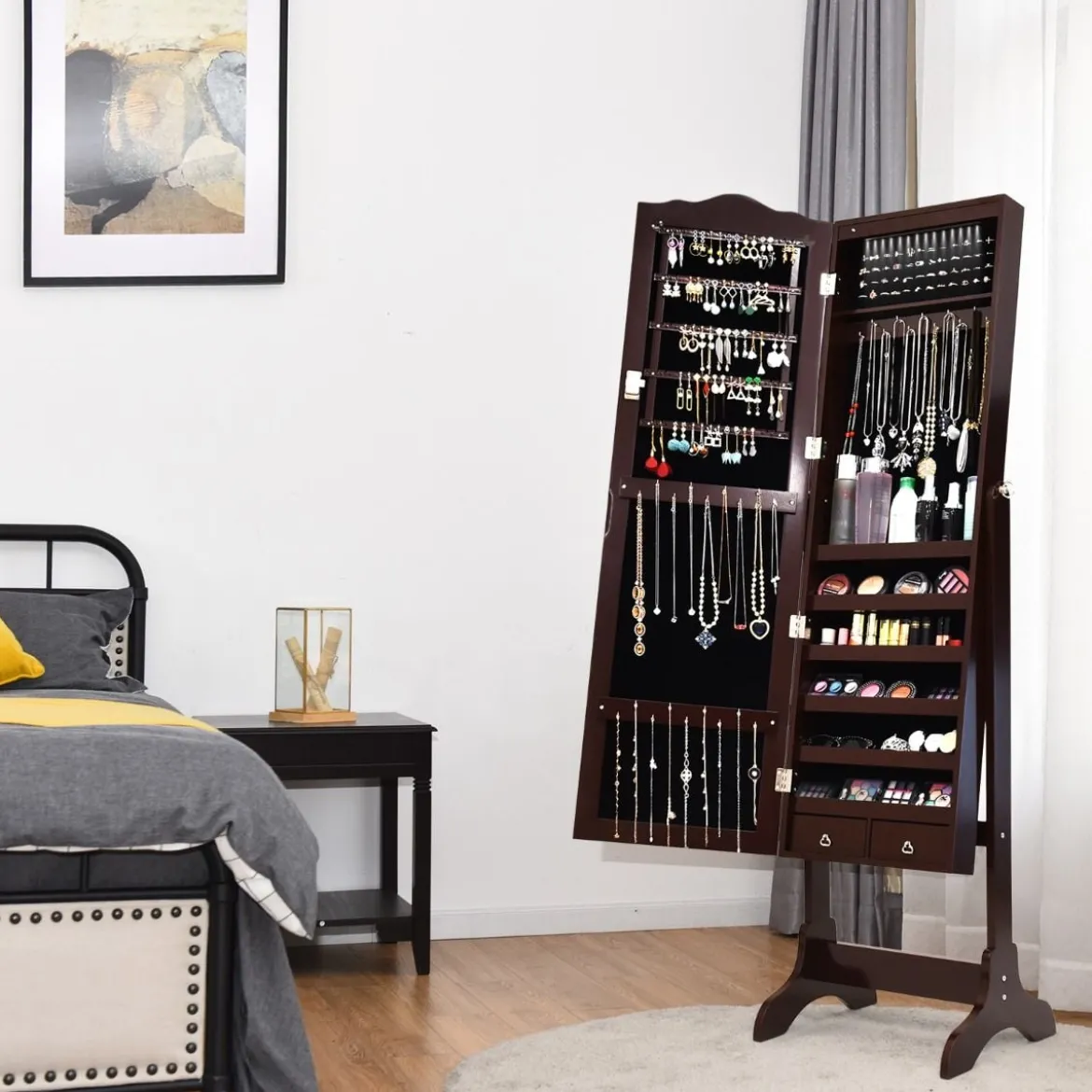 Schmuckschrank mit 14 LED Leuchten & Ganzkörperspiegel Schmuckregal Spiegelschrank