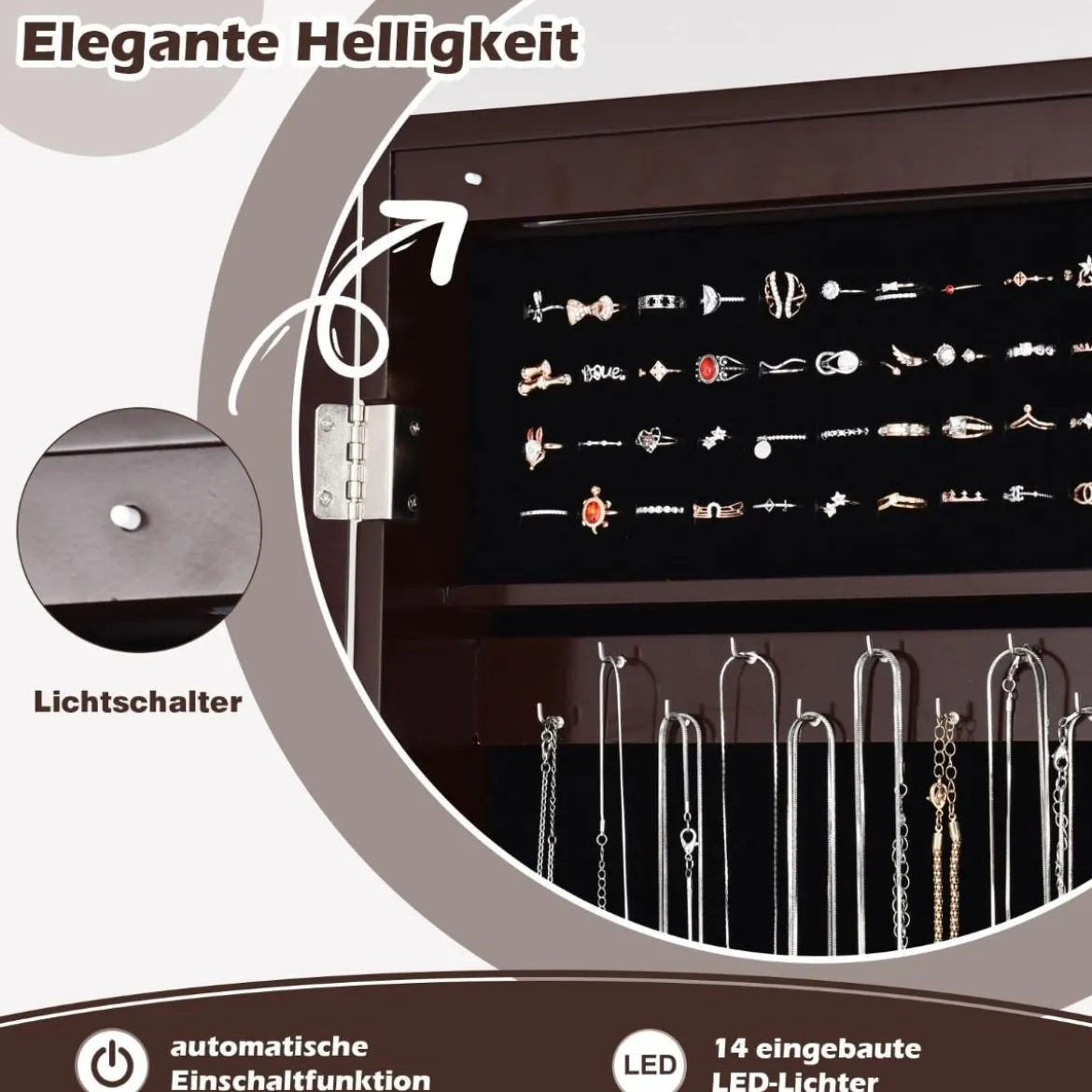 Schmuckschrank mit 14 LED Leuchten & Ganzkörperspiegel Schmuckregal Spiegelschrank