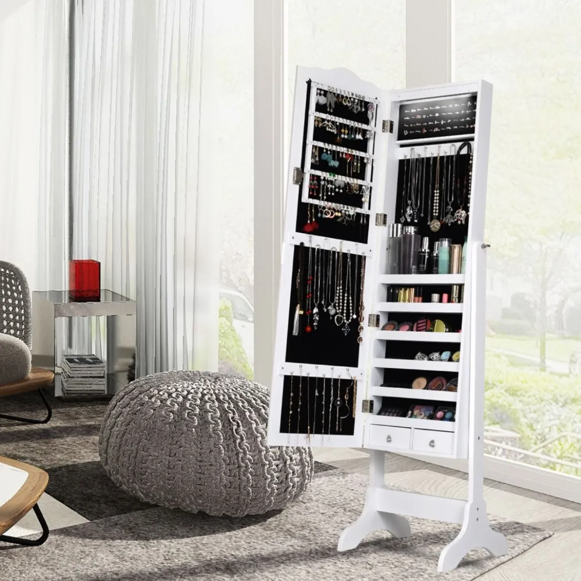 Schmuckschrank mit 14 LED Leuchten & Ganzkörperspiegel Schmuckregal Spiegelschrank