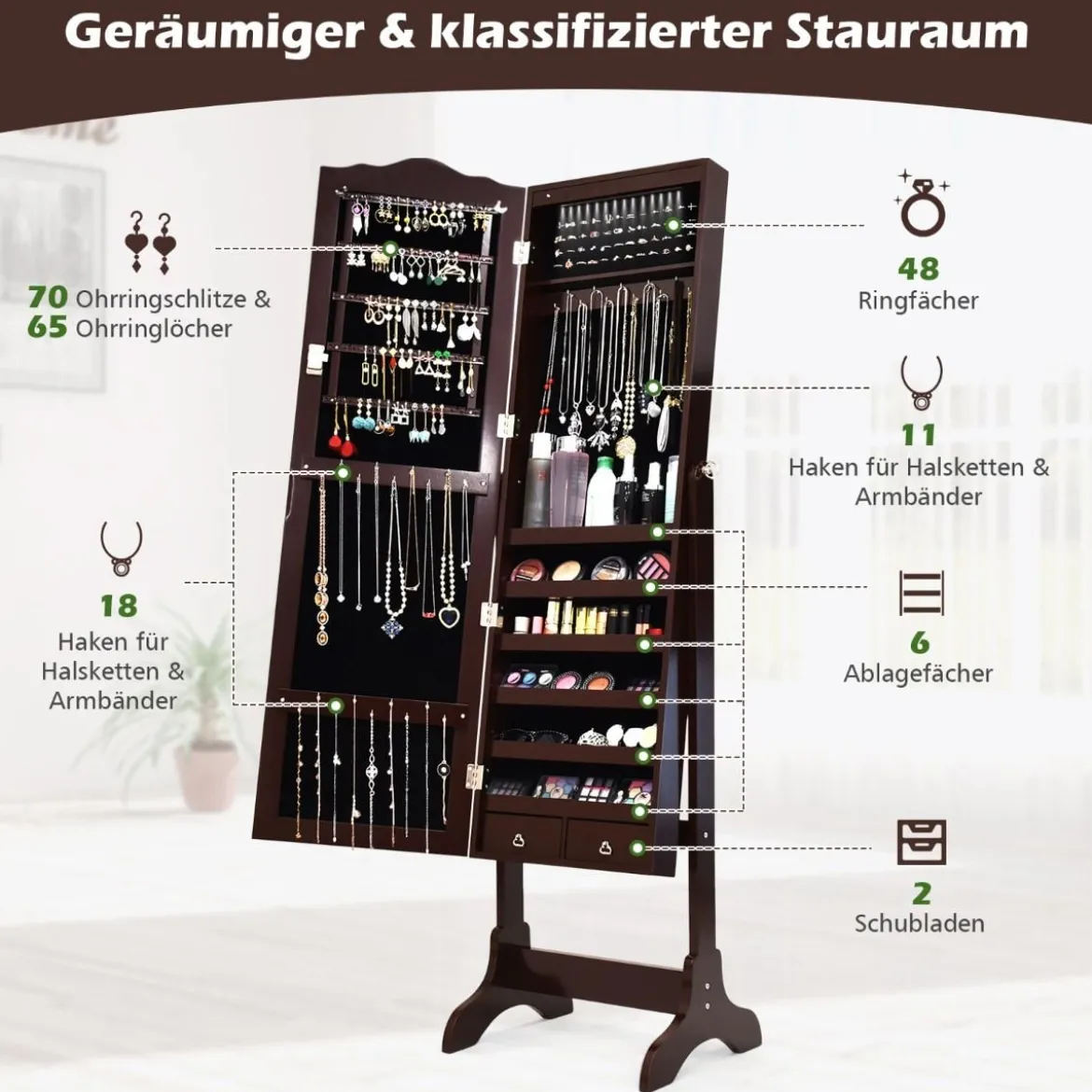 Schmuckschrank mit 14 LED Leuchten & Ganzkörperspiegel Schmuckregal Spiegelschrank