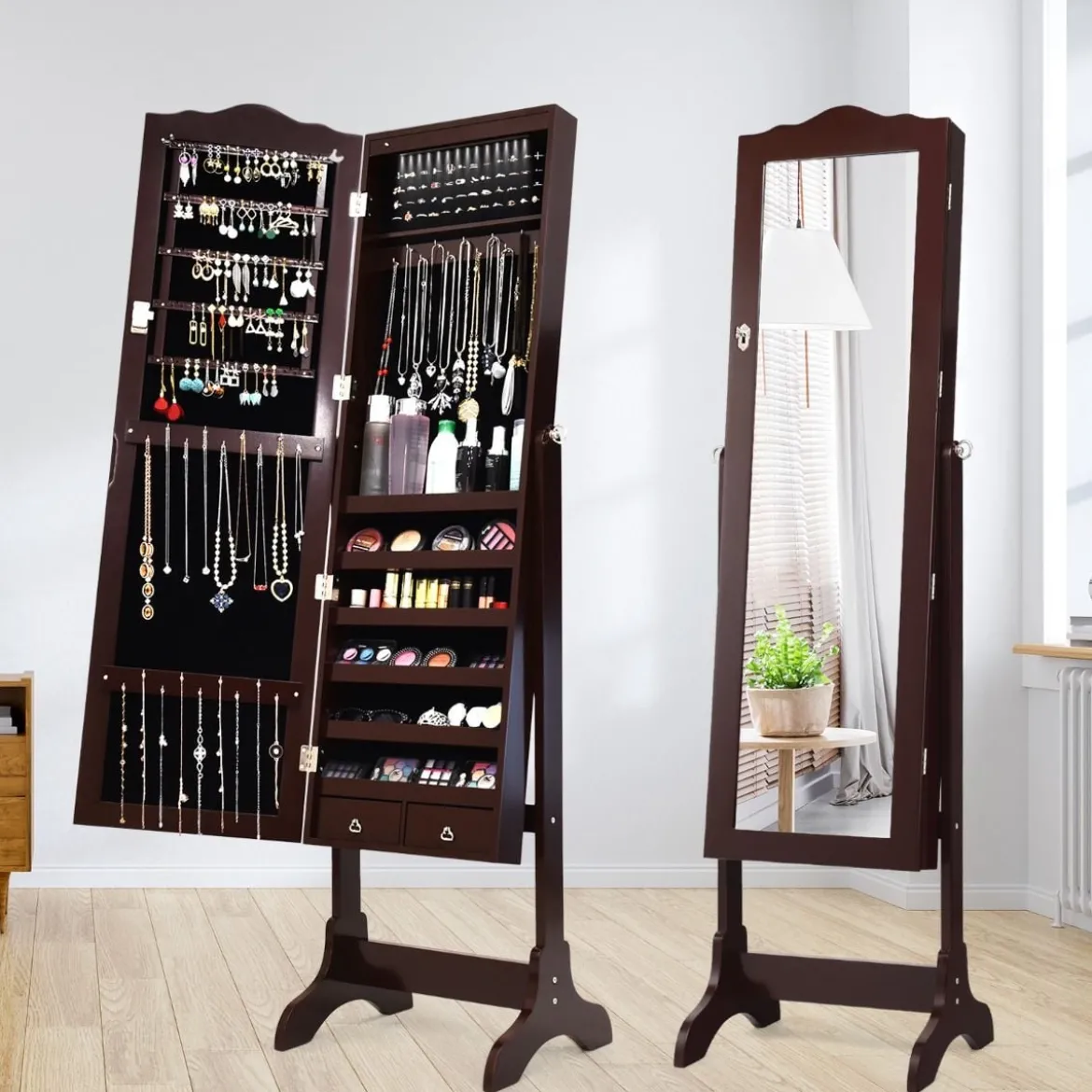 Schmuckschrank mit 14 LED Leuchten & Ganzkörperspiegel Schmuckregal Spiegelschrank