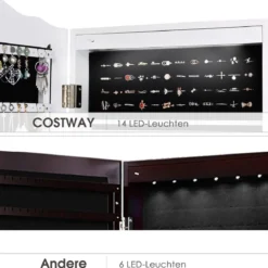 Schmuckschrank mit 14 LED Leuchten & Ganzkörperspiegel Schmuckregal Spiegelschrank
