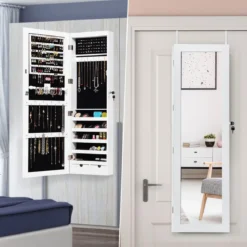 Schmuckschrank mit 15 LED Leuchten & Ganzkörperspiegel & Tür- / Wandmontage Weiß