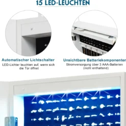 Schmuckschrank mit 15 LED Leuchten & Ganzkörperspiegel & Tür- / Wandmontage Weiß