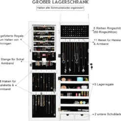 Schmuckschrank mit 15 LED Leuchten & Ganzkörperspiegel & Tür- / Wandmontage Weiß