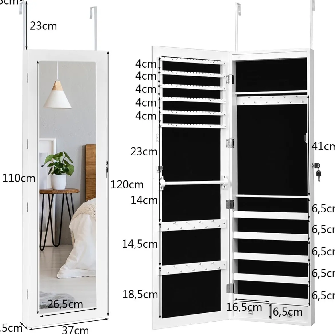 Schmuckschrank mit 15 LED Schmuckregal Schmuckorganizer 37 x 8,5 x 120 cm Weiß