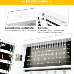 Schmuckschrank mit 15 LED Schmuckregal Schmuckorganizer 37 x 8,5 x 120 cm Weiß