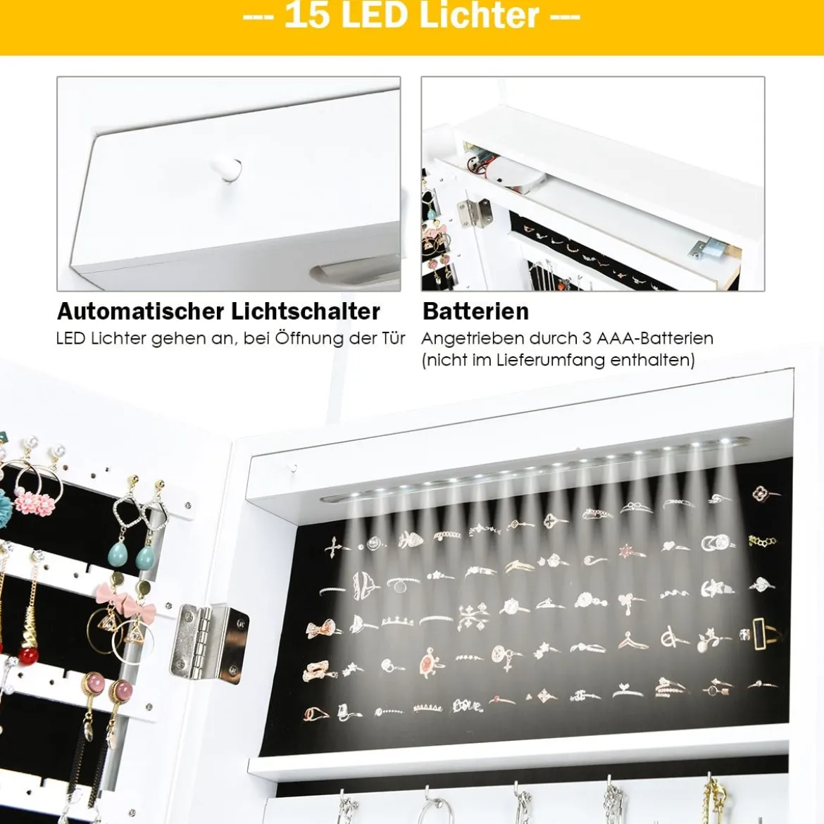 Schmuckschrank mit 15 LED Schmuckregal Schmuckorganizer 37 x 8,5 x 120 cm Weiß