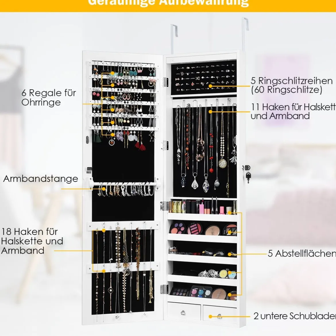 Schmuckschrank mit 15 LED Schmuckregal Schmuckorganizer 37 x 8,5 x 120 cm Weiß