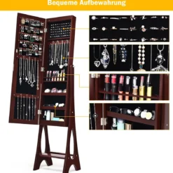 Schmuckschrank mit 12 LEDs Standspiegel 2 in 1 Ganzkörperspiegel 36 x 33,5 x 154 cm Braun