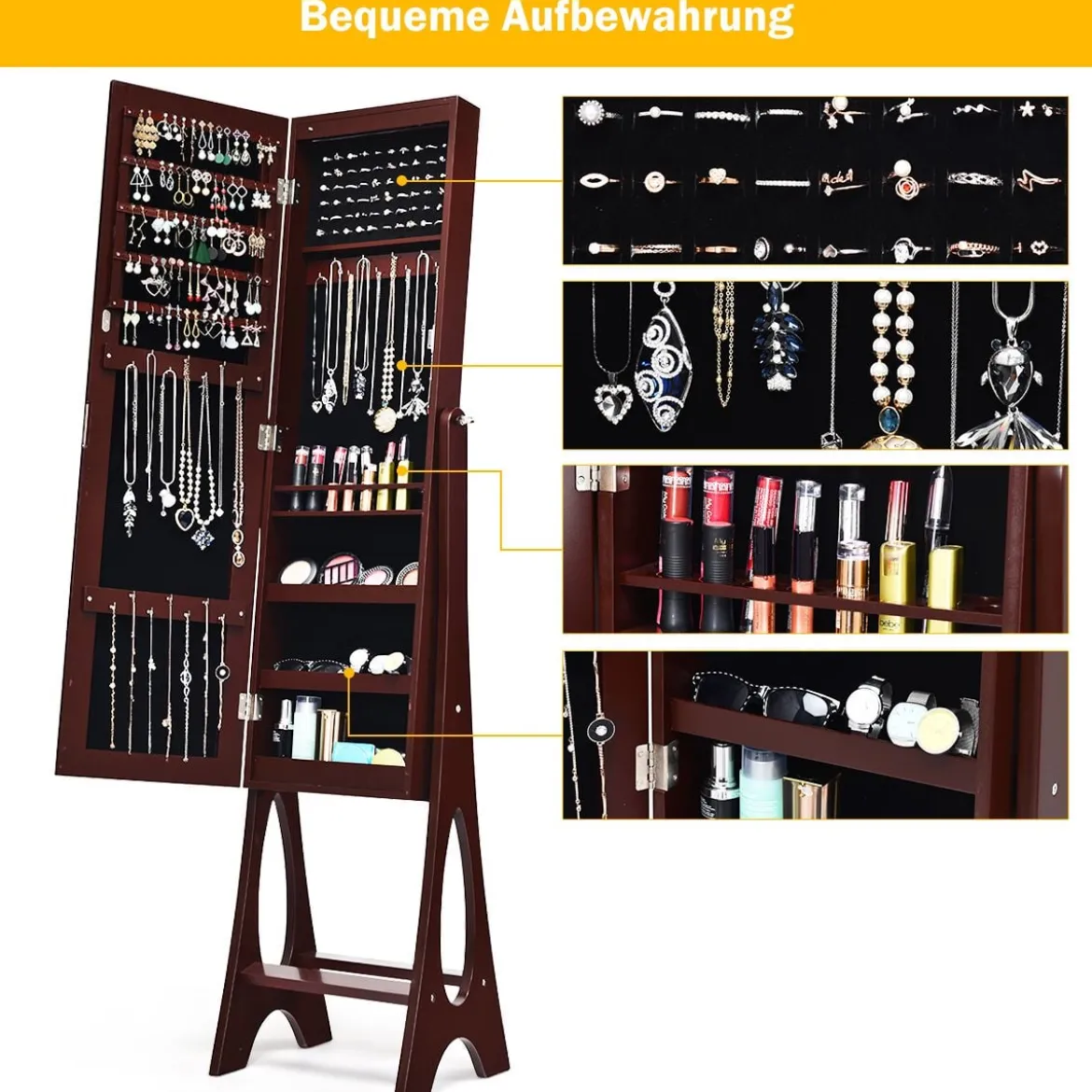 Schmuckschrank mit 12 LEDs Standspiegel 2 in 1 Ganzkörperspiegel 36 x 33,5 x 154 cm Braun