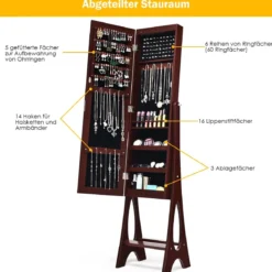 Schmuckschrank mit 12 LEDs Standspiegel 2 in 1 Ganzkörperspiegel 36 x 33,5 x 154 cm Braun