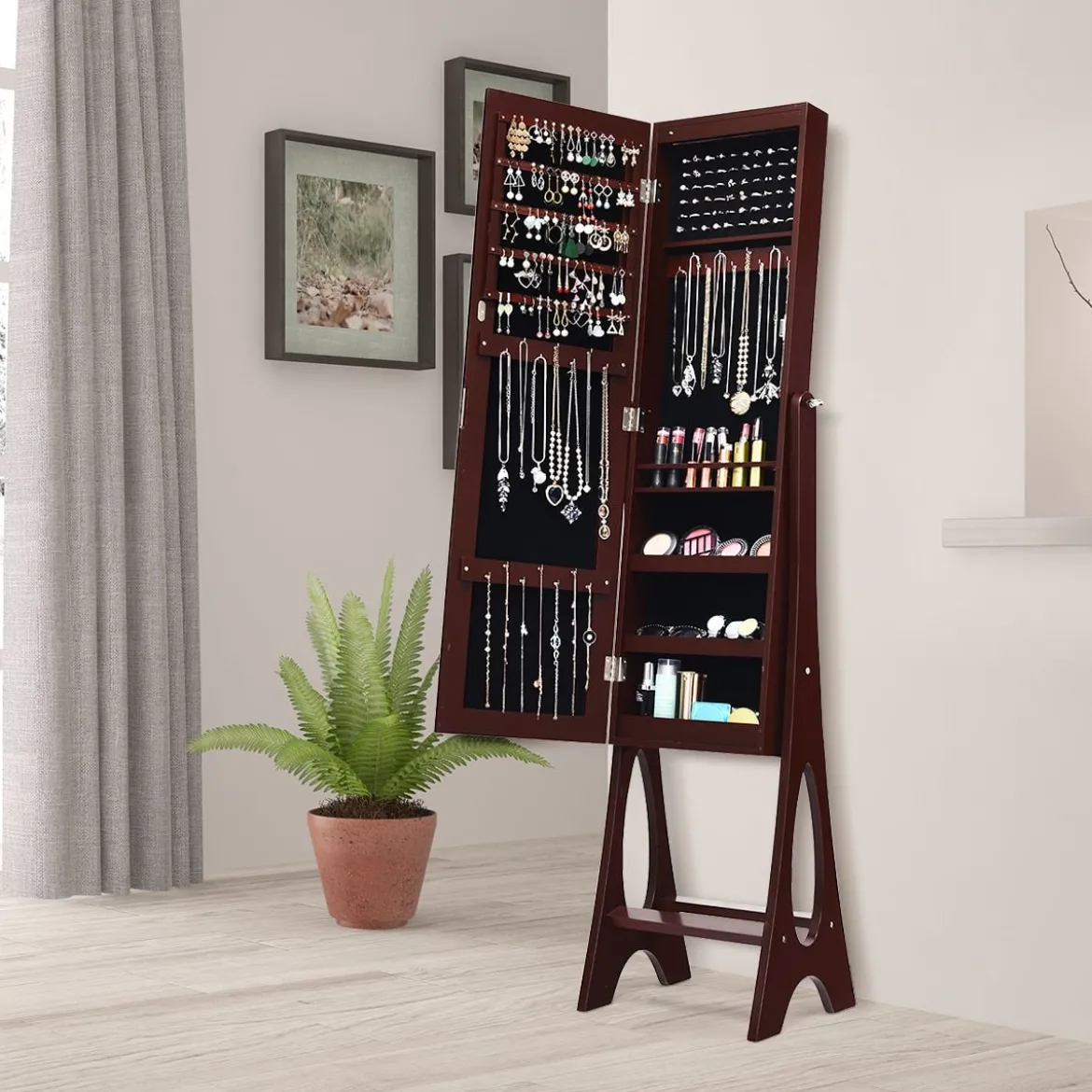 Schmuckschrank mit 12 LEDs Standspiegel 2 in 1 Ganzkörperspiegel 36 x 33,5 x 154 cm Braun